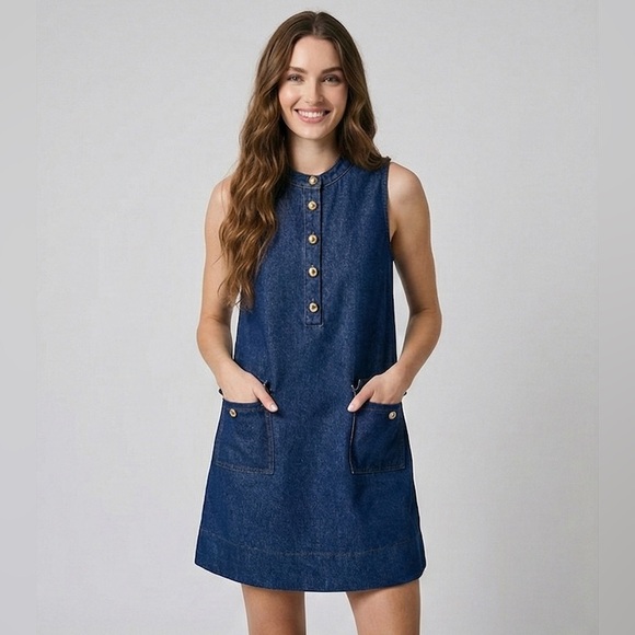 By Design Dresses & Skirts - LAST ONE 🔥 Dark Wash Denim Sleeveless Shift Dress with Gold Buttons & Pockets